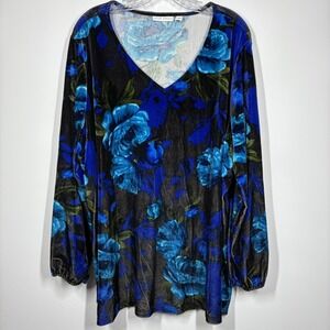 Susan Graver Womens Floral Velvet Top Size 3X Black Blue Long Sleeve Feminine